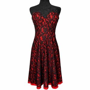 Windsor Strapless Red and Black Lace Overlay Fit & Flare Midi Dress Size Large